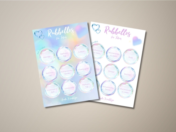 Zwei ausgefüllte Rubbellos-Karten mit Begriffen wie „Wellness-Tag“, „Romantisches Dinner“ und „Wochenende zu zweit“ – personalisiertes Geschenk für Paare mit Überraschungseffekt